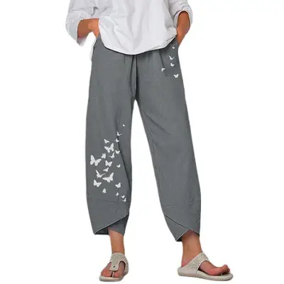 Women Butterfly Printed Wide Leg Pants Grey Cotton Linen - Image 9