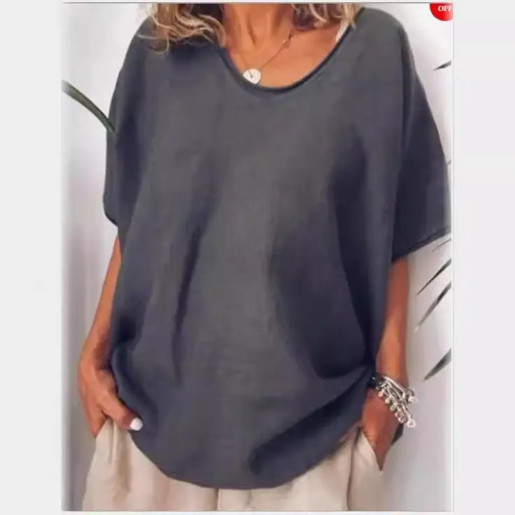 Women Loose Cotton Linen Summer T-Shirt Teal White Shorts