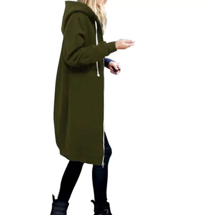 Women Long Hooded Sweatshirt Olive Green Large - Image 9