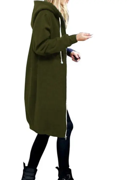 Women Long Hooded Sweatshirt Olive Green Large - Image 2