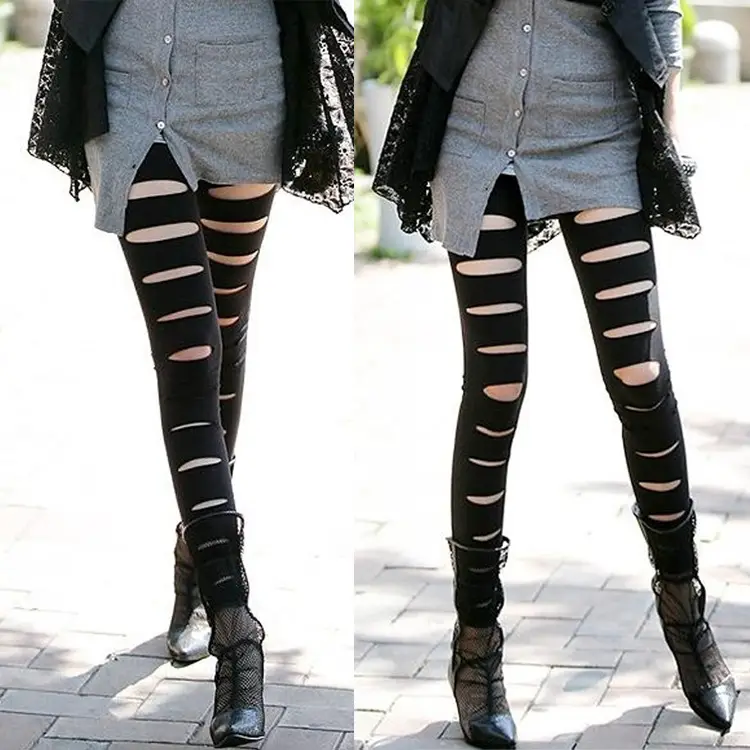 Black Ripped Slimming Pencil Pants with Front Slits