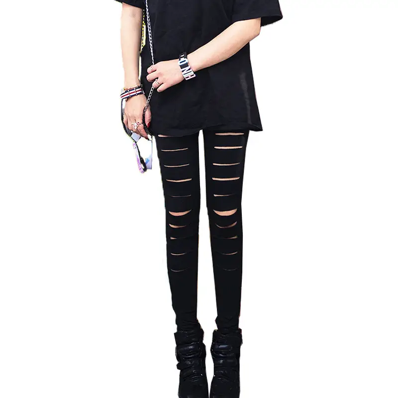 Black Ripped Slimming Pencil Pants with Front Slits - Image 2