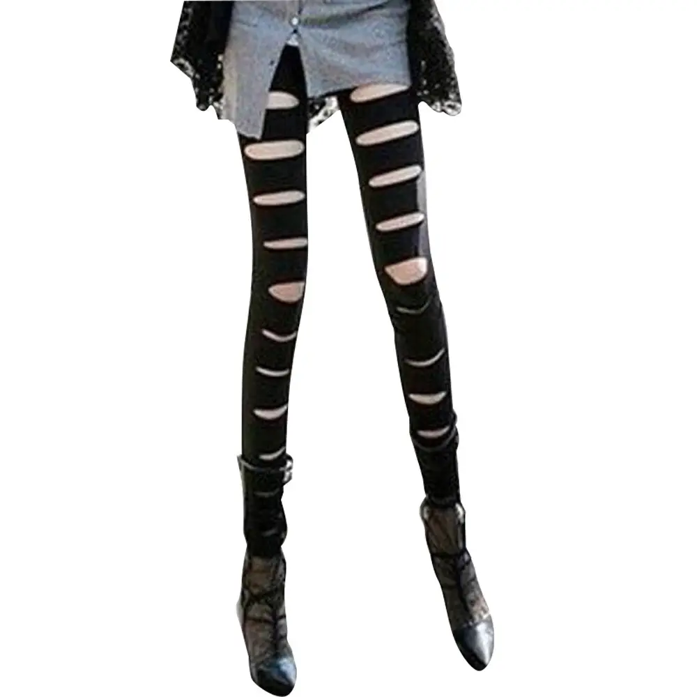 Black Ripped Slimming Pencil Pants with Front Slits - Image 5