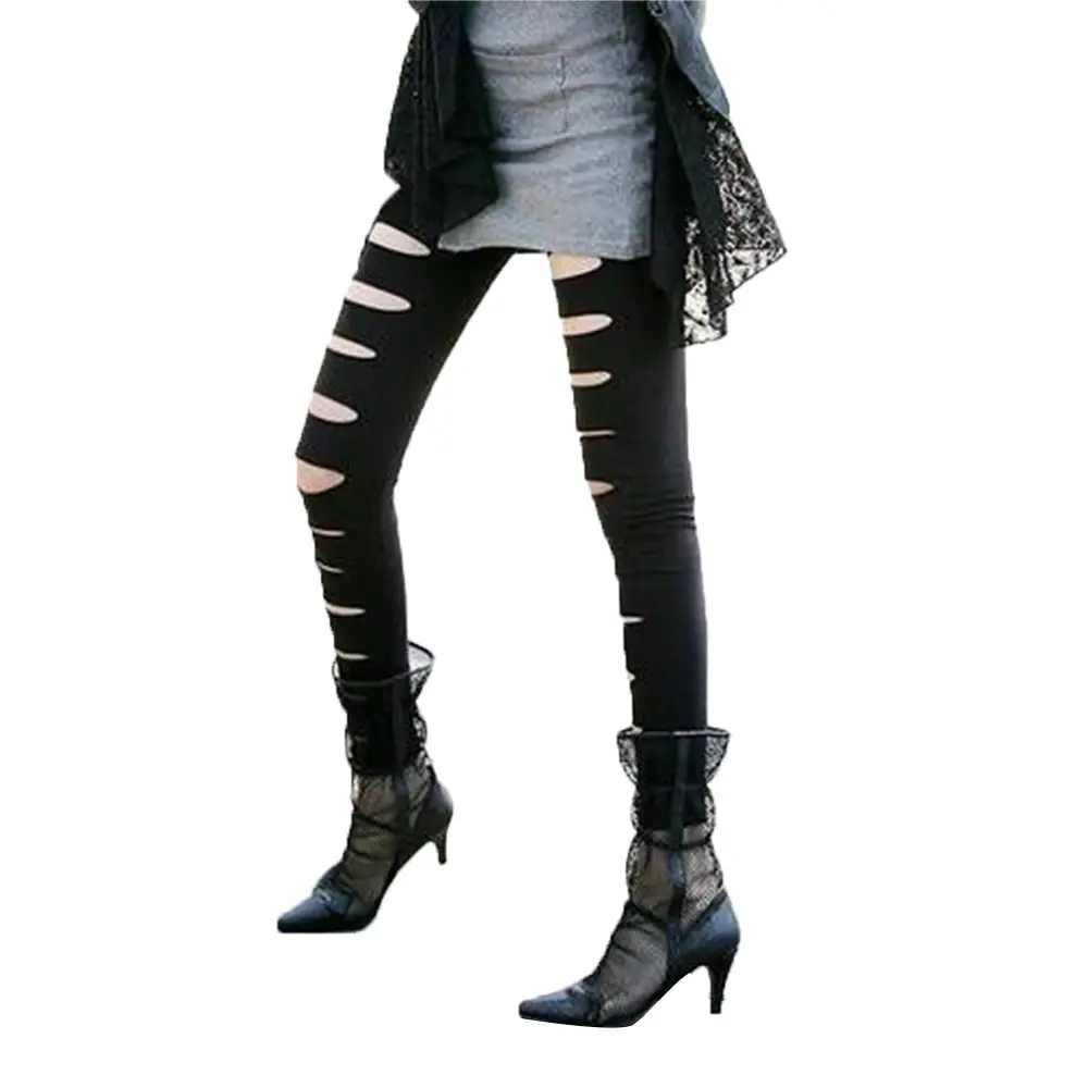 Black Ripped Slimming Pencil Pants with Front Slits - Image 6