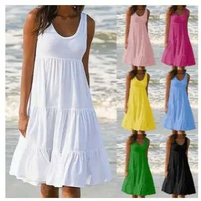 Women Sleeveless Round Neck Beach Skirt Yellow 8-Size - Image 8
