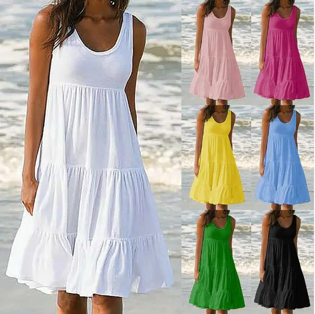 Women Sleeveless Round Neck Beach Skirt Yellow 8-Size — feature 2