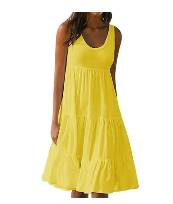 Women Sleeveless Round Neck Beach Skirt Yellow 8-Size - Image 2