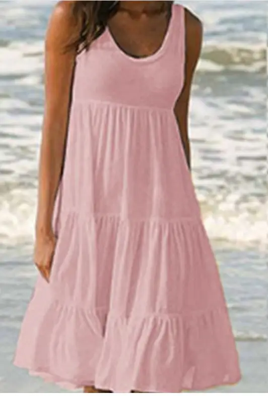 Women Sleeveless Round Neck Beach Skirt Yellow 8-Size - Image 7