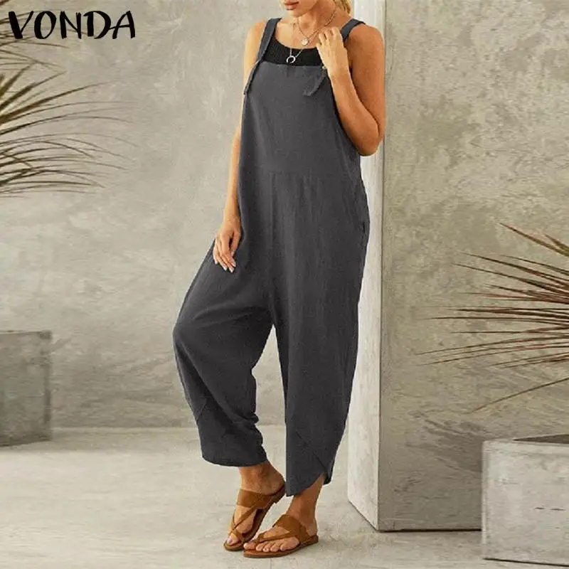 2022 VONDA Pure Color Casual Nine-Point Overalls - Image 4