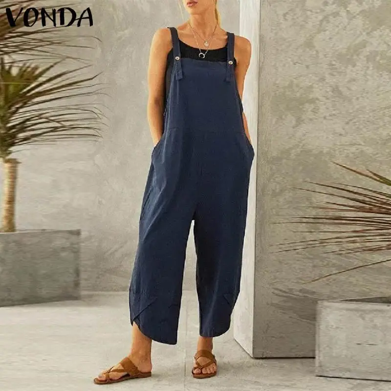 2022 VONDA Pure Color Casual Nine-Point Overalls - Image 9