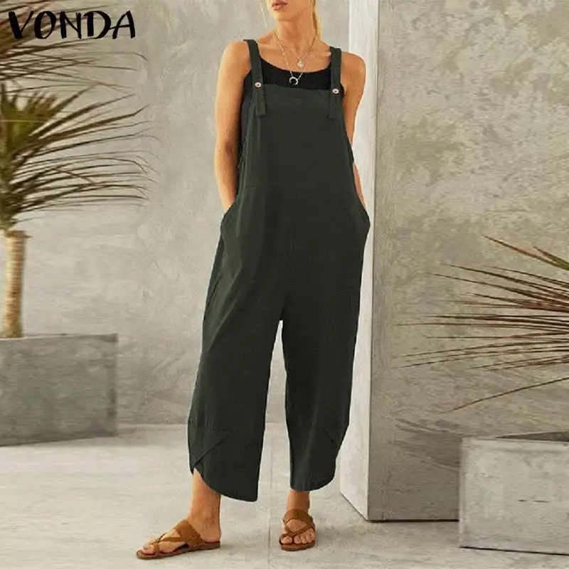 2022 VONDA Pure Color Casual Nine-Point Overalls - Image 5