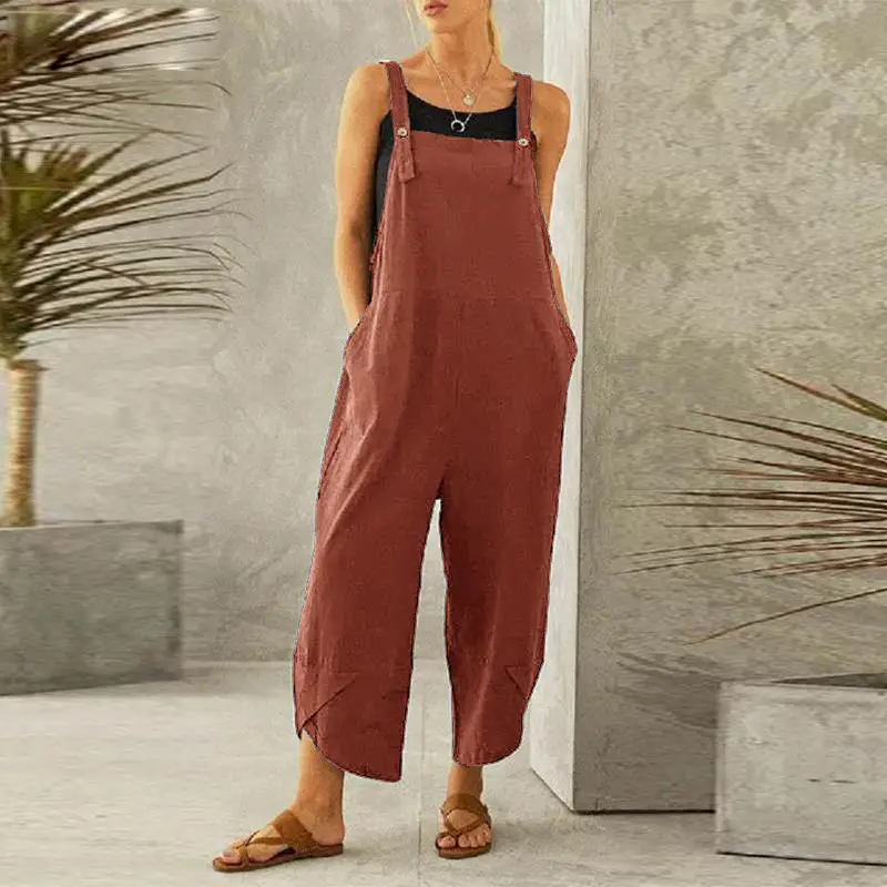 2022 VONDA Pure Color Casual Nine-Point Overalls - Image 3