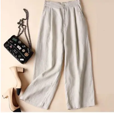 Women's Beige Wide Leg Linen Pants Summer Casual - Image 3