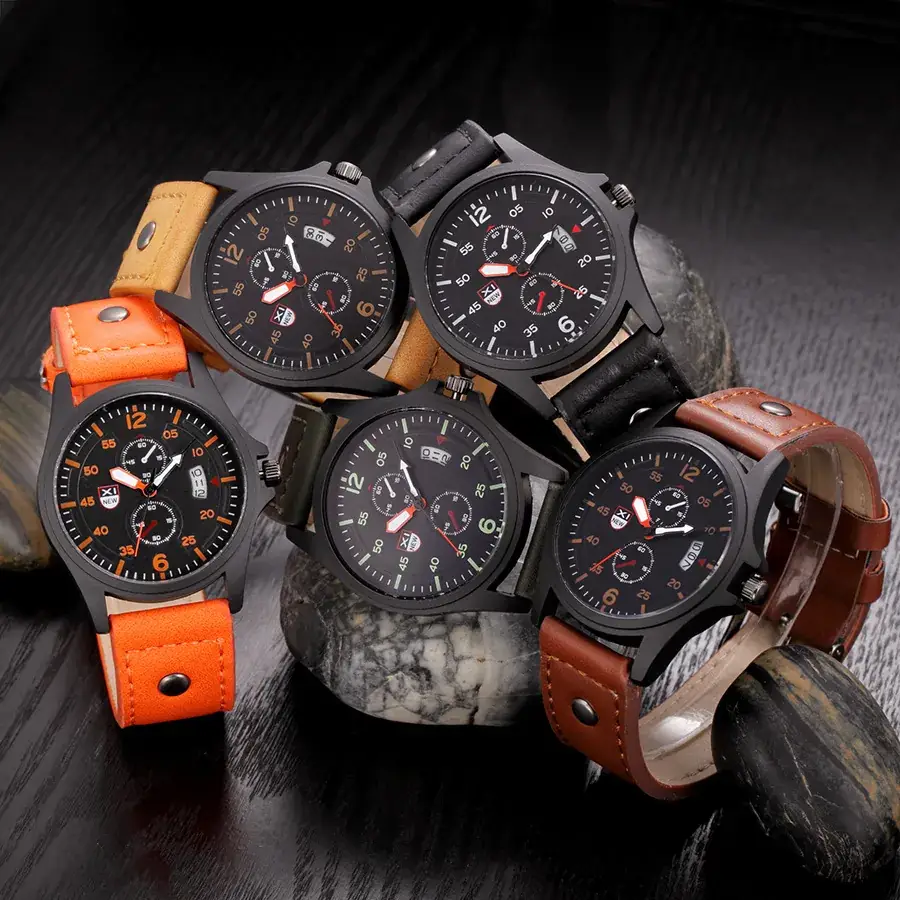 Men's Orange Leather Quartz Watch with Calendar - Image 36