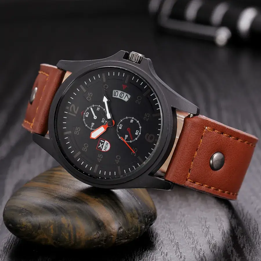 Men's Orange Leather Quartz Watch with Calendar