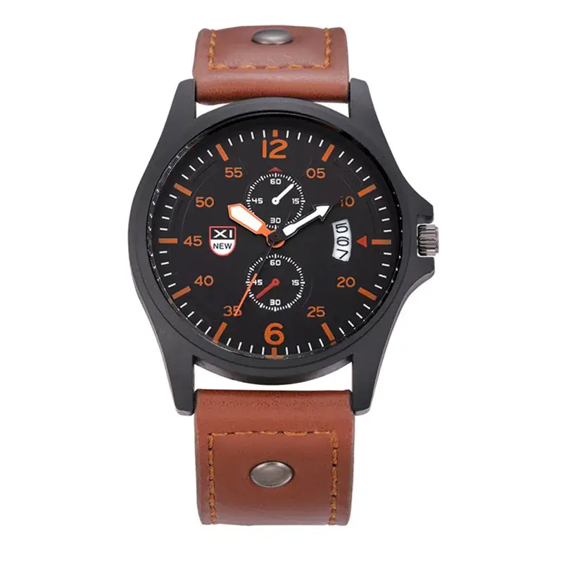 Men's Orange Leather Quartz Watch with Calendar - Image 16