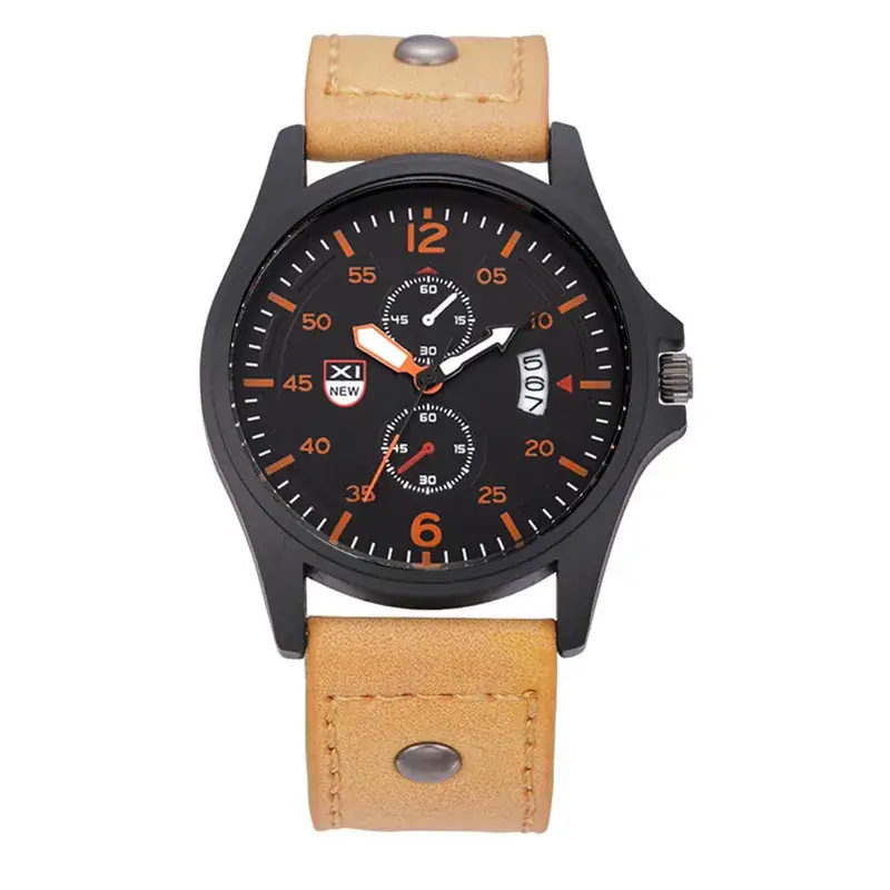 Men's Orange Leather Quartz Watch with Calendar - Image 24