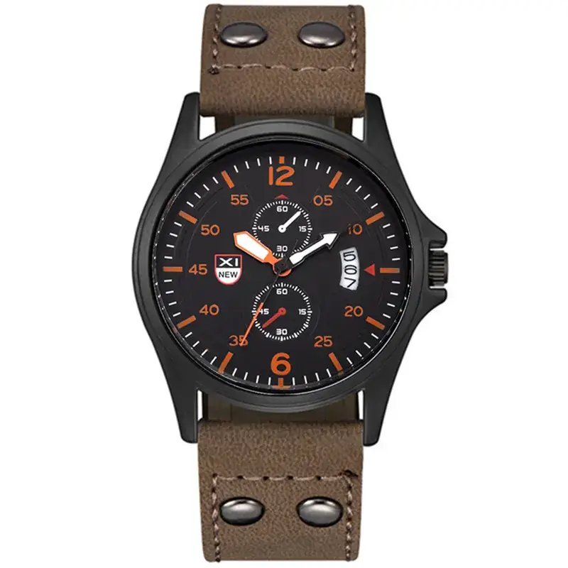 Men's Orange Leather Quartz Watch with Calendar - Image 28