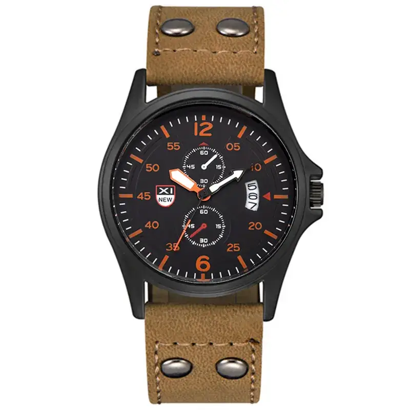 Men's Orange Leather Quartz Watch with Calendar - Image 32