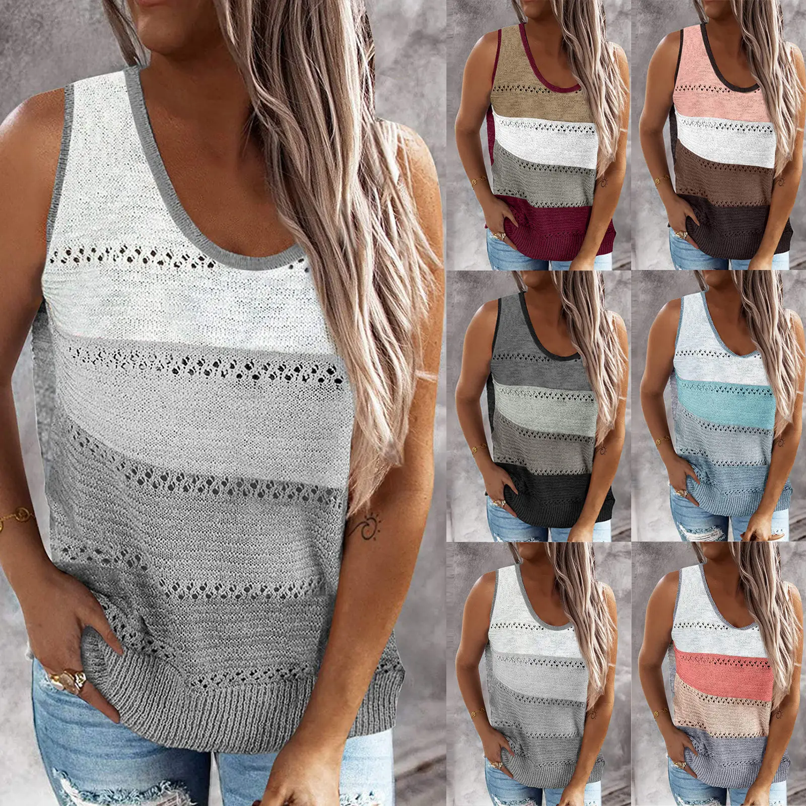 Women's Colorblock Knitted Crewneck Vest Summer Wear