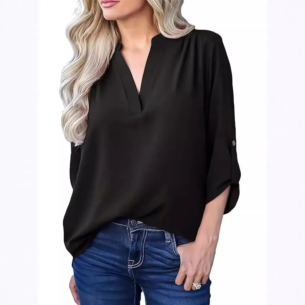 Women V-Neck Pleated Chiffon Shirt Maroon Long Sleeve - Image 6