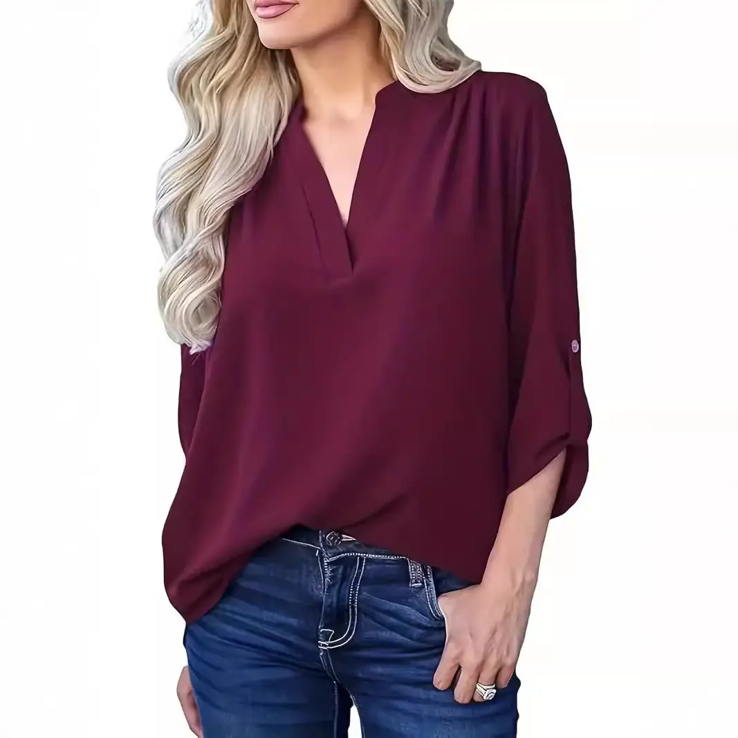 Women V-Neck Pleated Chiffon Shirt Maroon Long Sleeve - Image 7