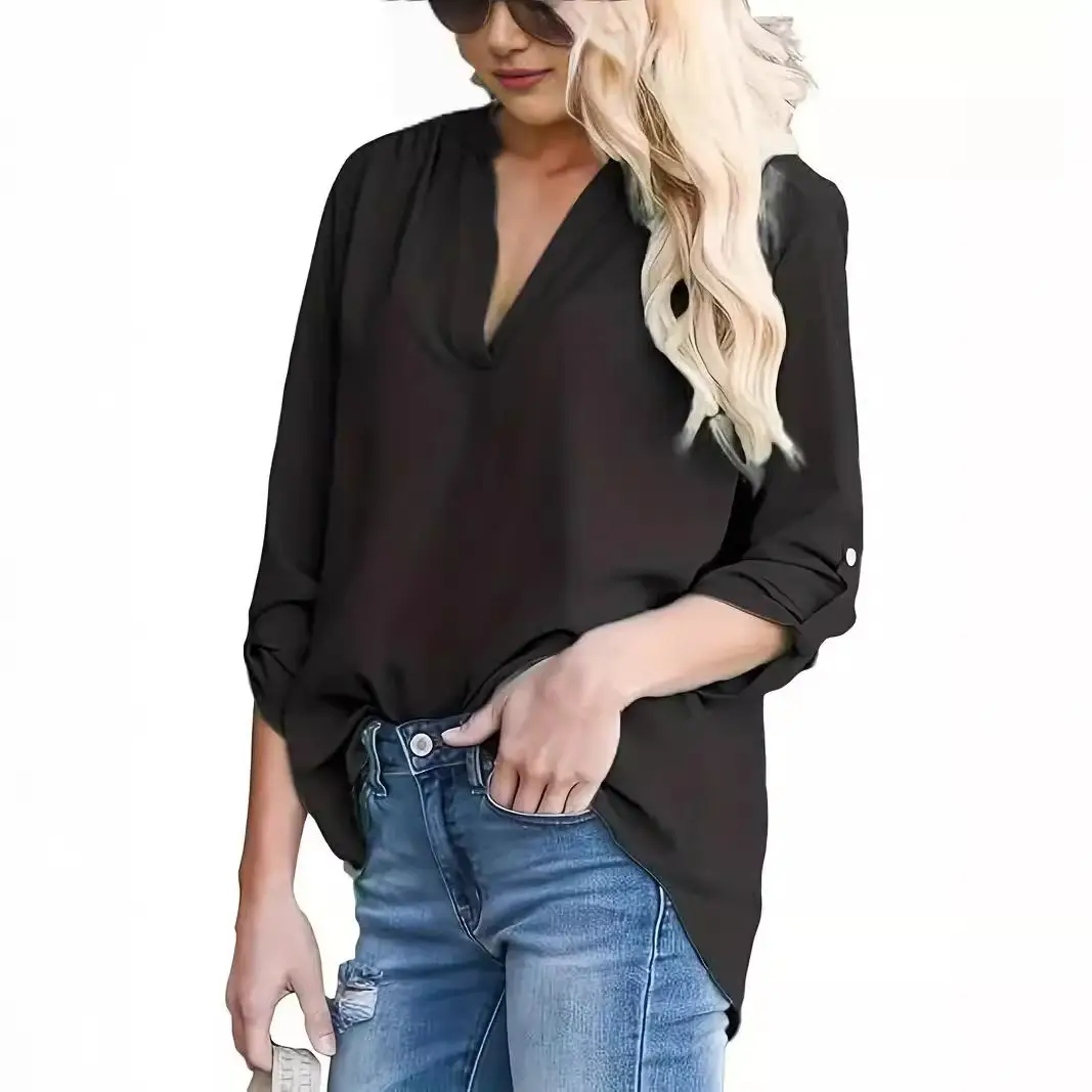 Women V-Neck Pleated Chiffon Shirt Maroon Long Sleeve - Image 8