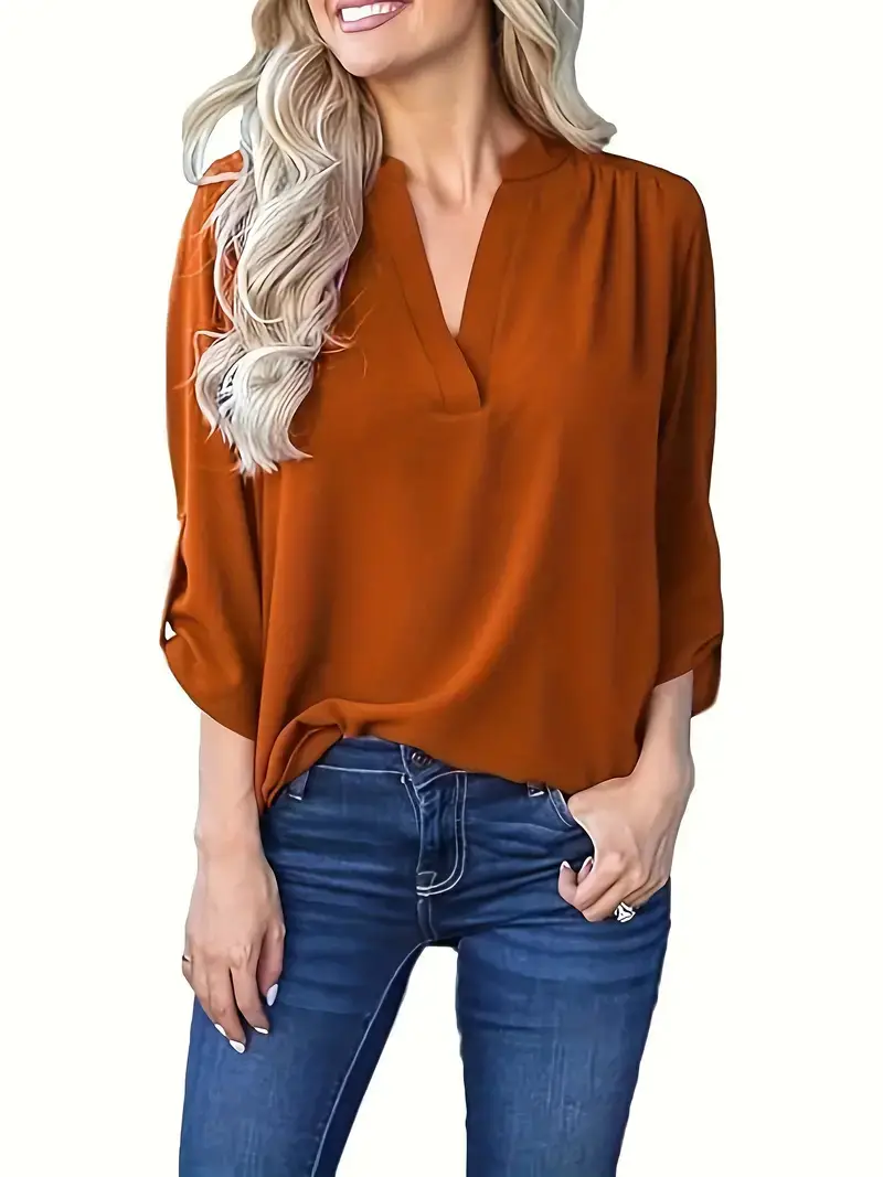 Women V-Neck Pleated Chiffon Shirt Maroon Long Sleeve - Image 3