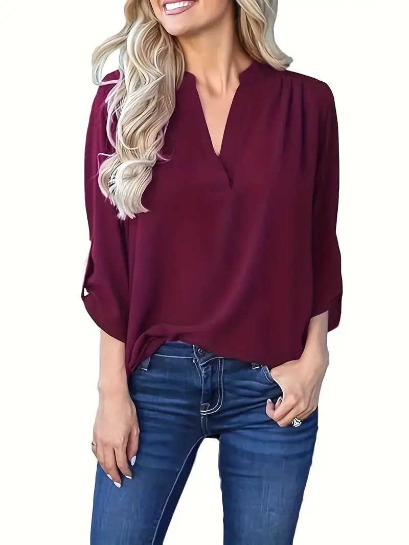 Women V-Neck Pleated Chiffon Shirt Maroon Long Sleeve - Image 4