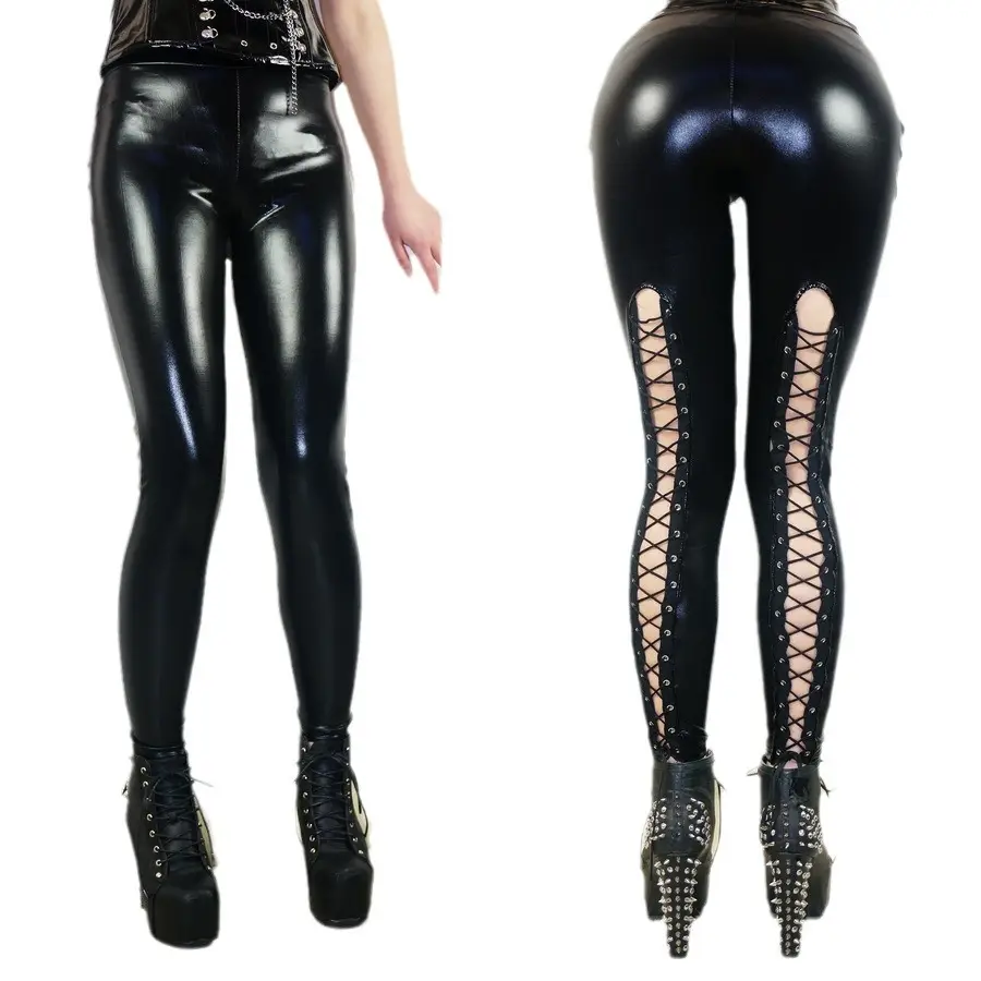 Black Faux Leather Cropped Leggings with Lace Straps