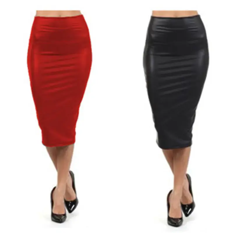 European American Style Leather Hip-Hugging Knee Length Skirt - Image 3