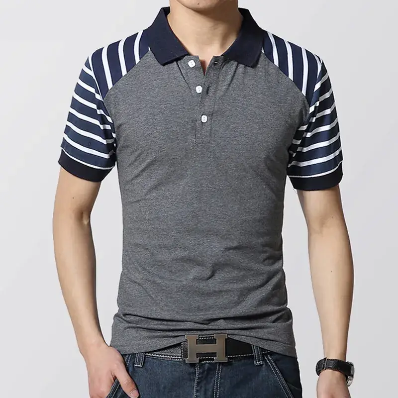 Men Cotton Striped Polo T-Shirt Grey Blue 6225