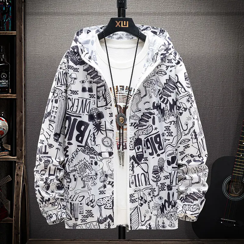 Men's Printed Printed Hooded Jacket Black White G Logo - Image 3