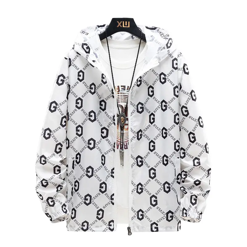 Men's Printed Printed Hooded Jacket Black White G Logo - Image 11