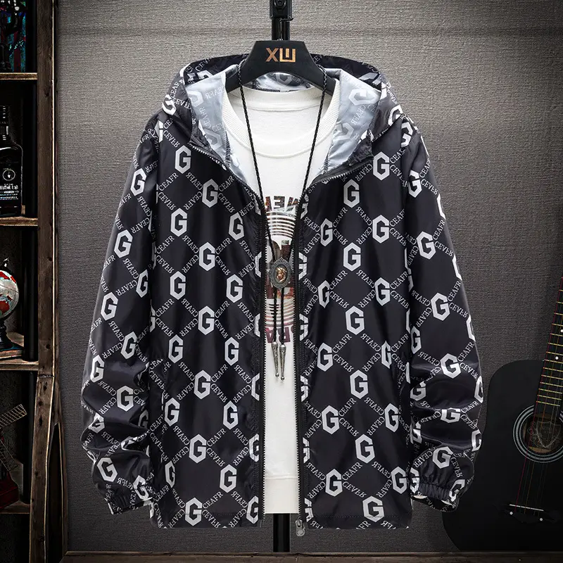 Men's Printed Printed Hooded Jacket Black White G Logo - Image 2