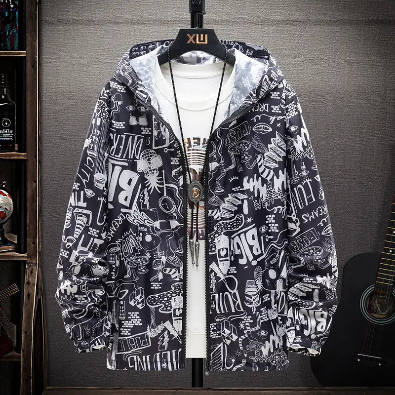 Men's Printed Printed Hooded Jacket Black White G Logo - Image 4