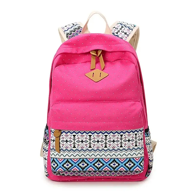 Women's Ethnic Canvas Backpack Black White Pattern