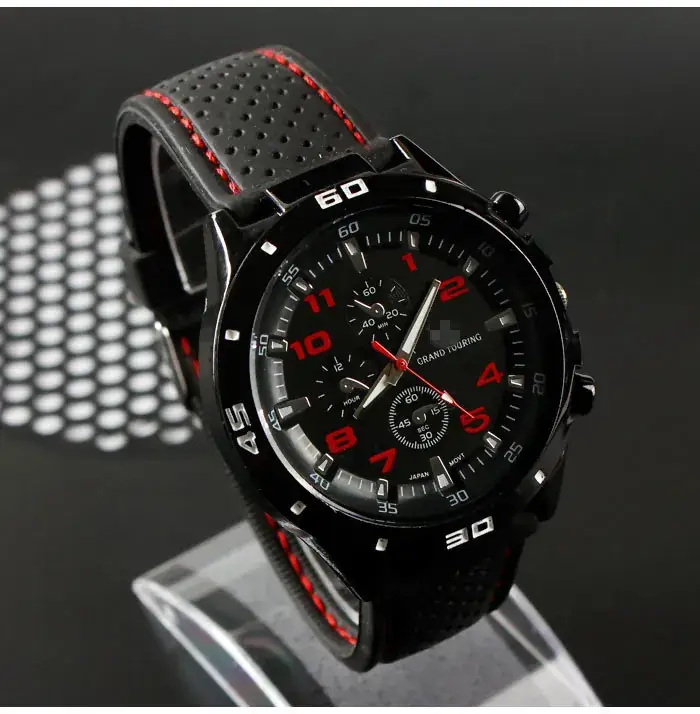 Men's Racing Black Quartz Watch with Red Strap