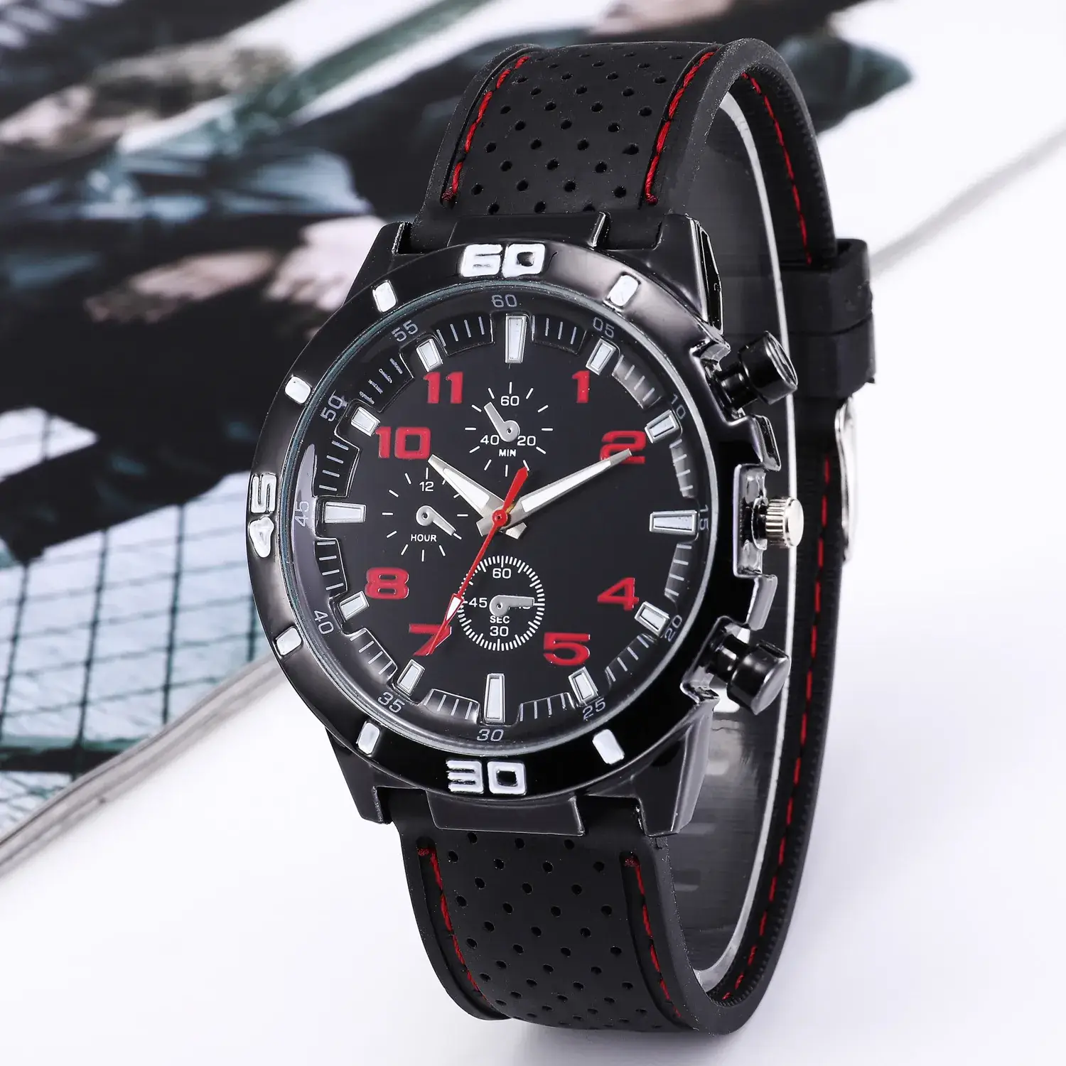 Men's Racing Black Quartz Watch with Red Strap - Image 3