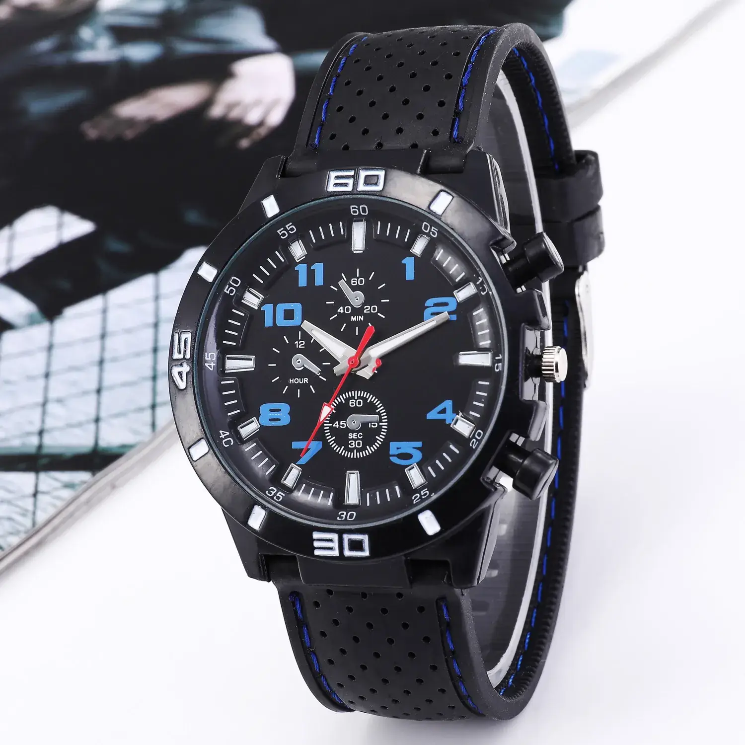 Men's Racing Black Quartz Watch with Red Strap - Image 5