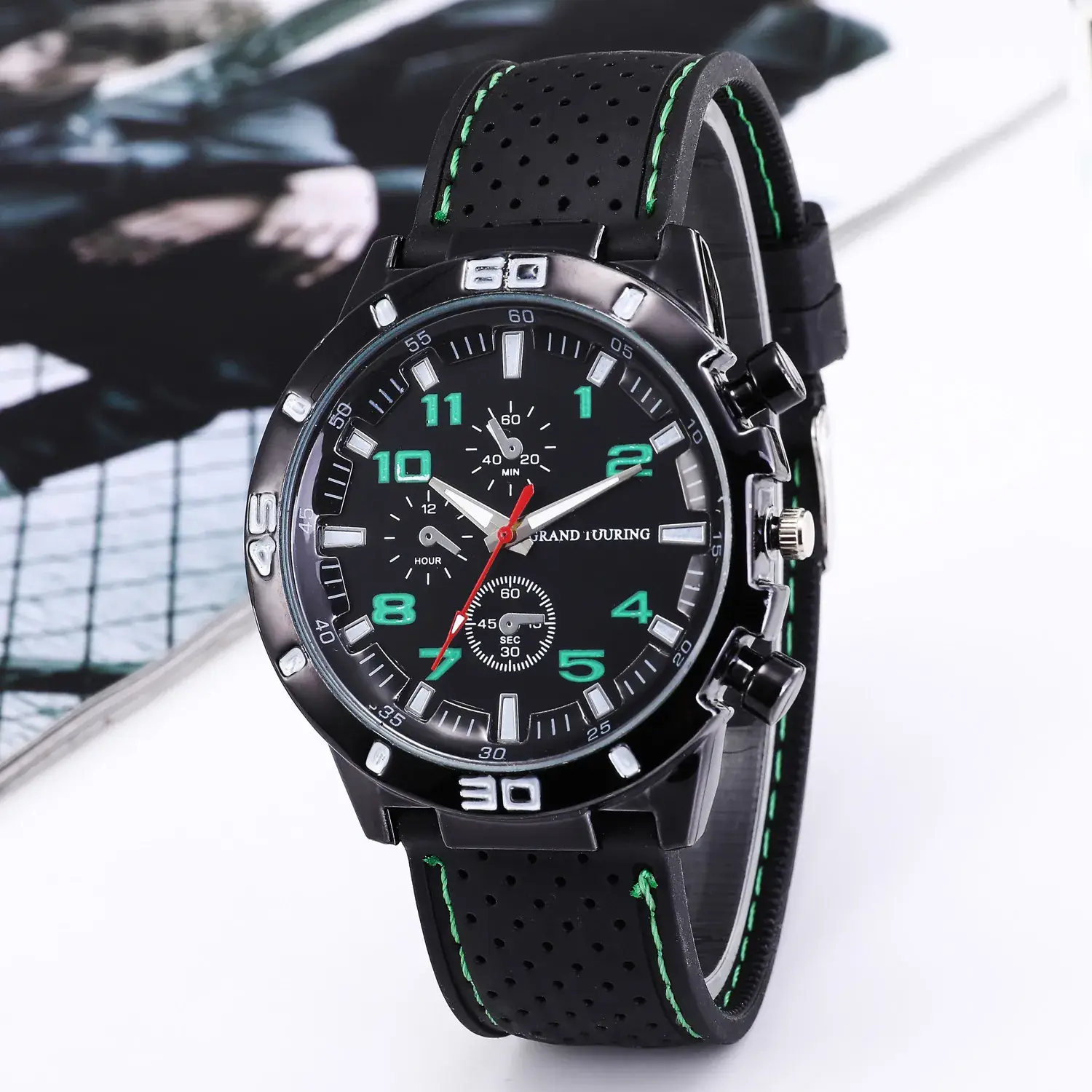 Men's Racing Black Quartz Watch with Red Strap - Image 4