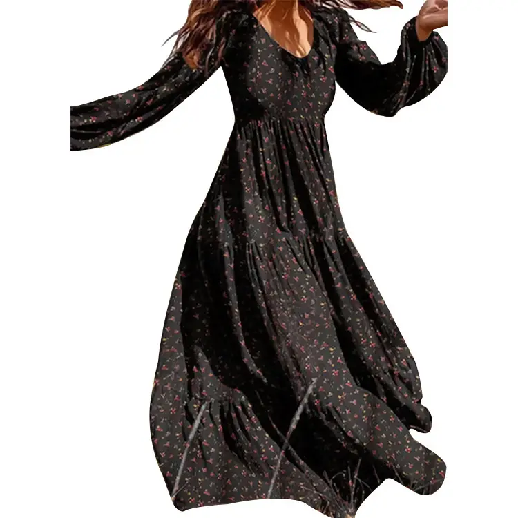 Women's Chiffon V-Neck Dress Black Large - Image 3