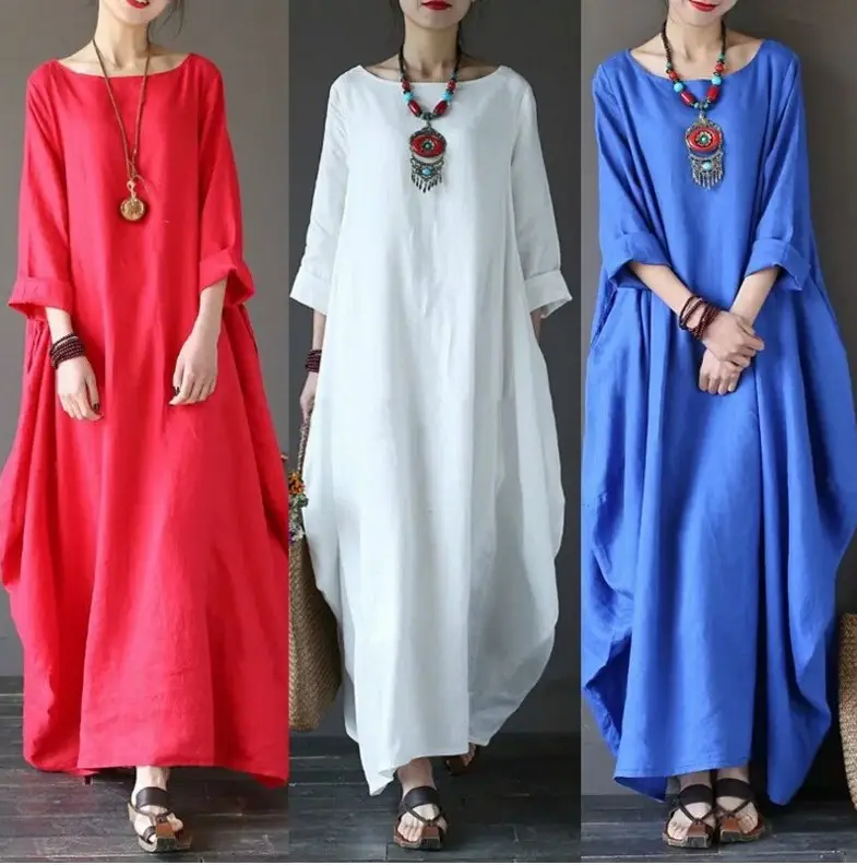 Blue Loose Fit Cotton Linen Long Dress Large - Image 7