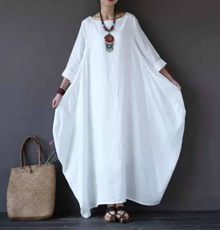 Blue Loose Fit Cotton Linen Long Dress Large — feature 7