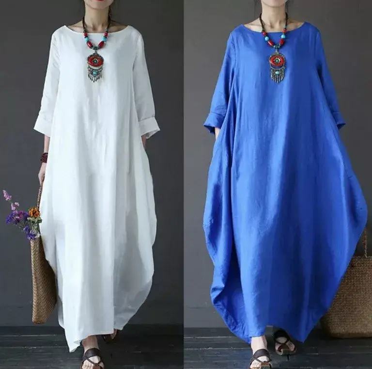 Blue Loose Fit Cotton Linen Long Dress Large — feature 9
