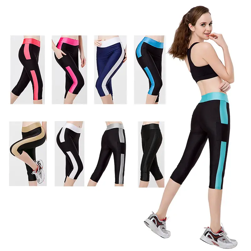Women's Stretchy Yoga Pants Black Pink Blue Capri Length