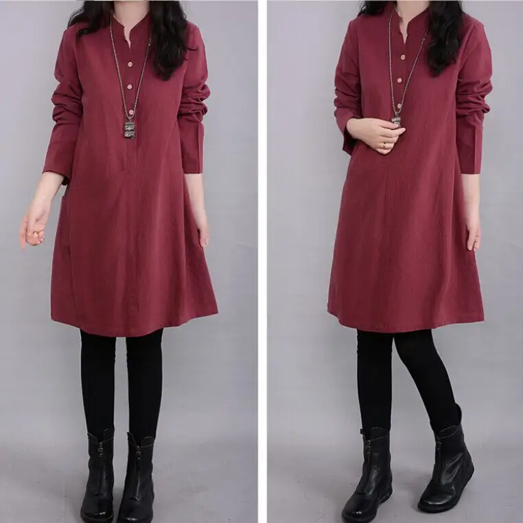 Women Cotton Linen Dress Maroon Long Sleeve Mid Length