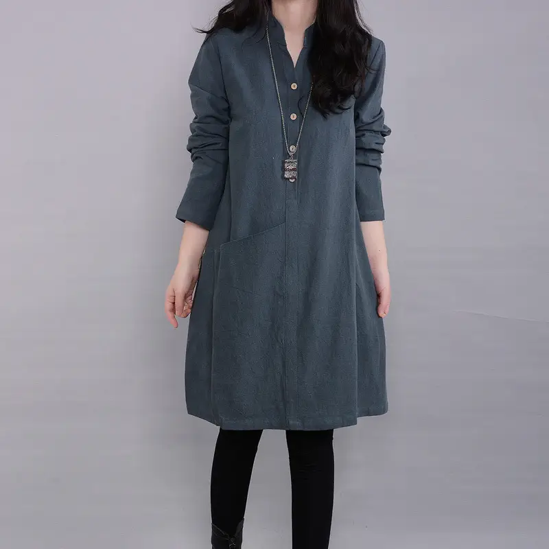 Women Cotton Linen Dress Maroon Long Sleeve Mid Length - Image 6