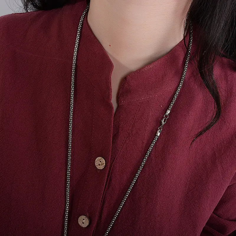 Women Cotton Linen Dress Maroon Long Sleeve Mid Length - Image 7