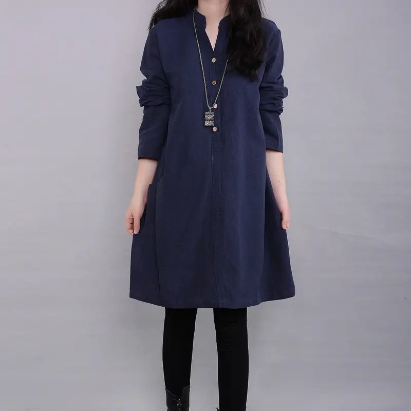 Women Cotton Linen Dress Maroon Long Sleeve Mid Length - Image 3